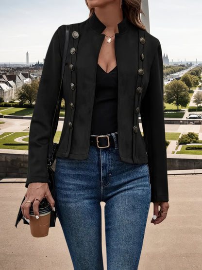 2025 New Women's Fashion Casual Women's Jacket, Solid Color Double Breasted Decorative Jacket, Spring And Autumn Retro Long Sleeve Jacket, Women's Clothing